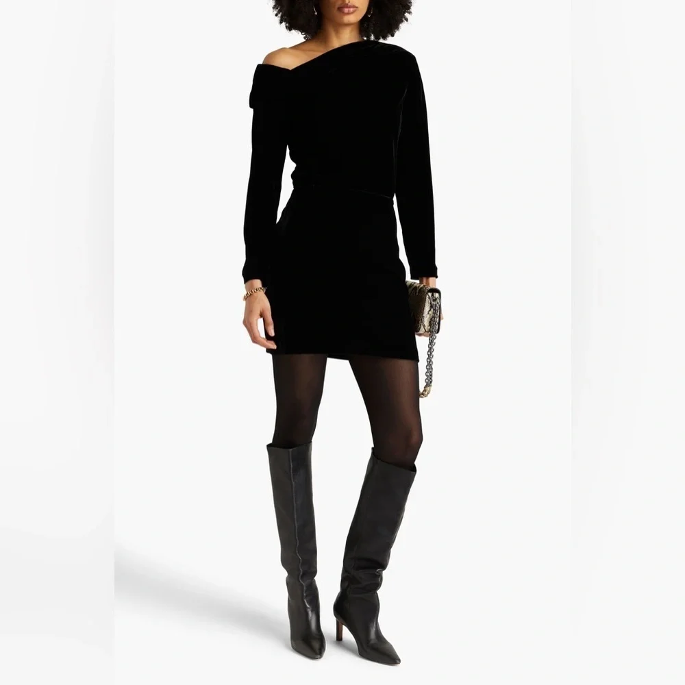 New Theory Asymmetrical Mini Dress in Stretch Velvet Black Off Shoulder Drape 8